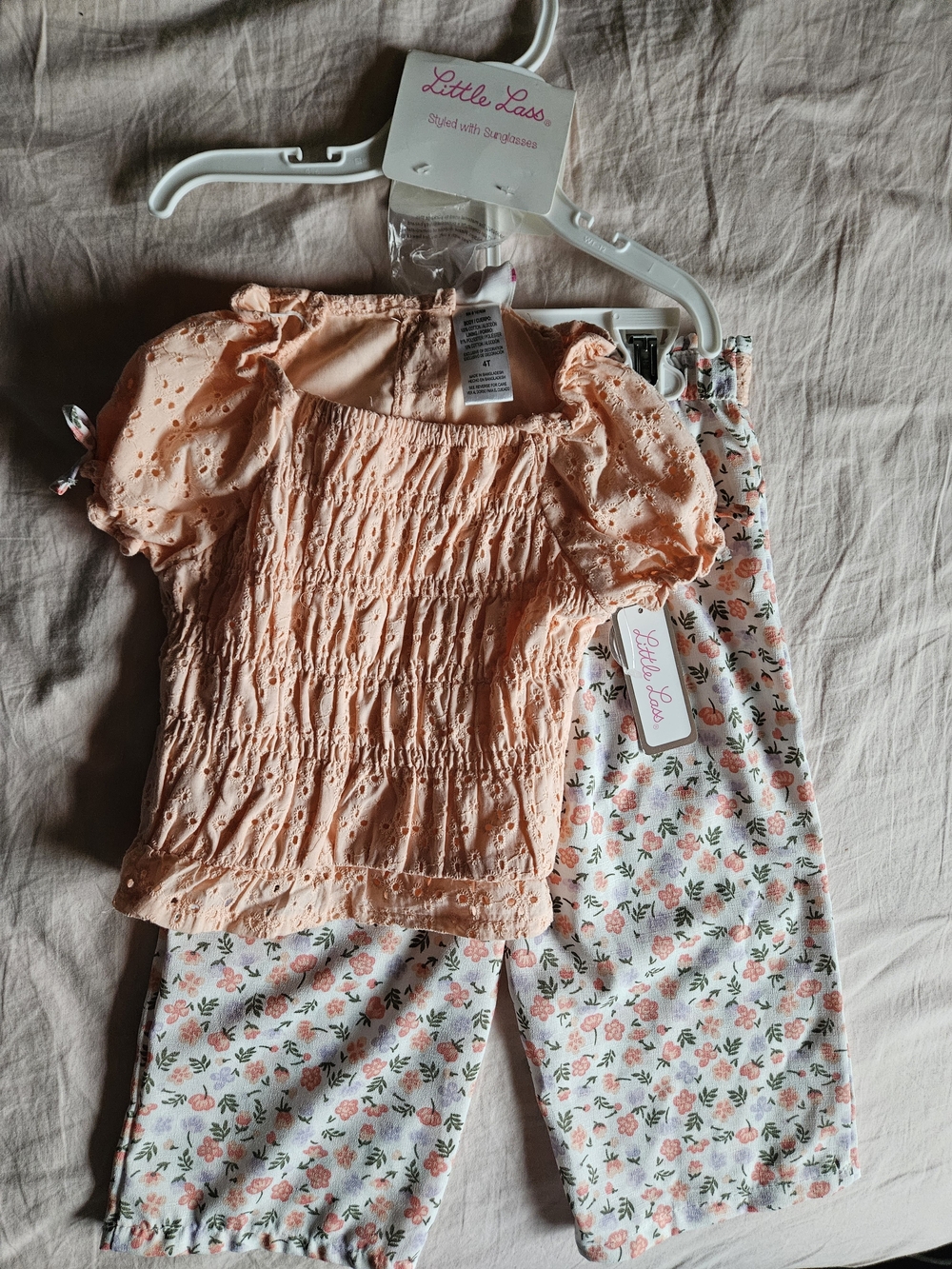 Little Lass Peach Top & Floral Matching Set for Kids, 4T